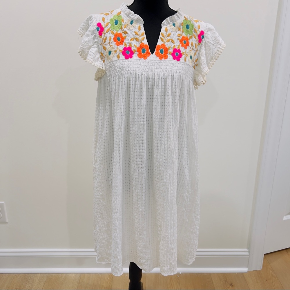 THML White Mini Dress with Vibrant Floral Embroidery Medium Dress Coverup